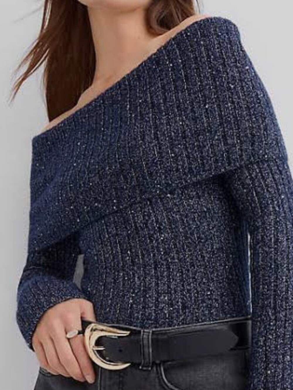 LOFT Navy Blue Off-the-Shoulder Silver Metallic Ribbed Sweater Flare Sleeve Med
